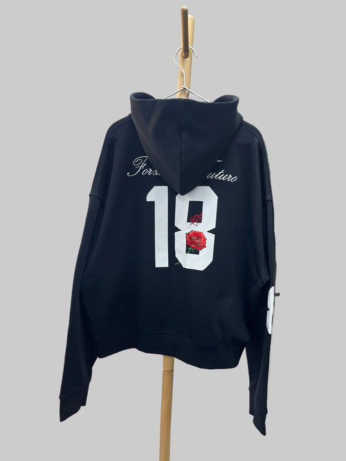 Black hoodie with white text and number 18 on a gray background
